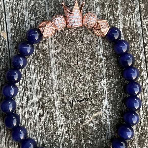 Hand Crafted Cat's Eye Rose Gold Pave Crown Stretch Bracelet Blue 7 3/4” Unisex - Picture 6 of 6